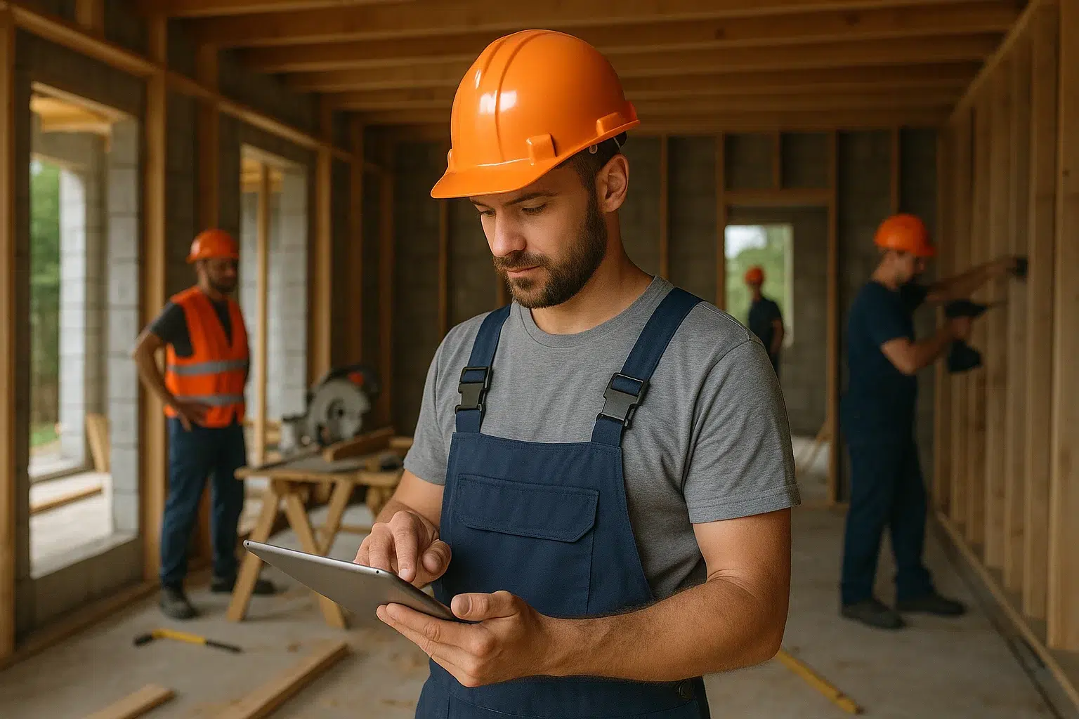 Titelbild - Bauarbeiter trägt Daten auf der Baustelle in ein Tablet ein