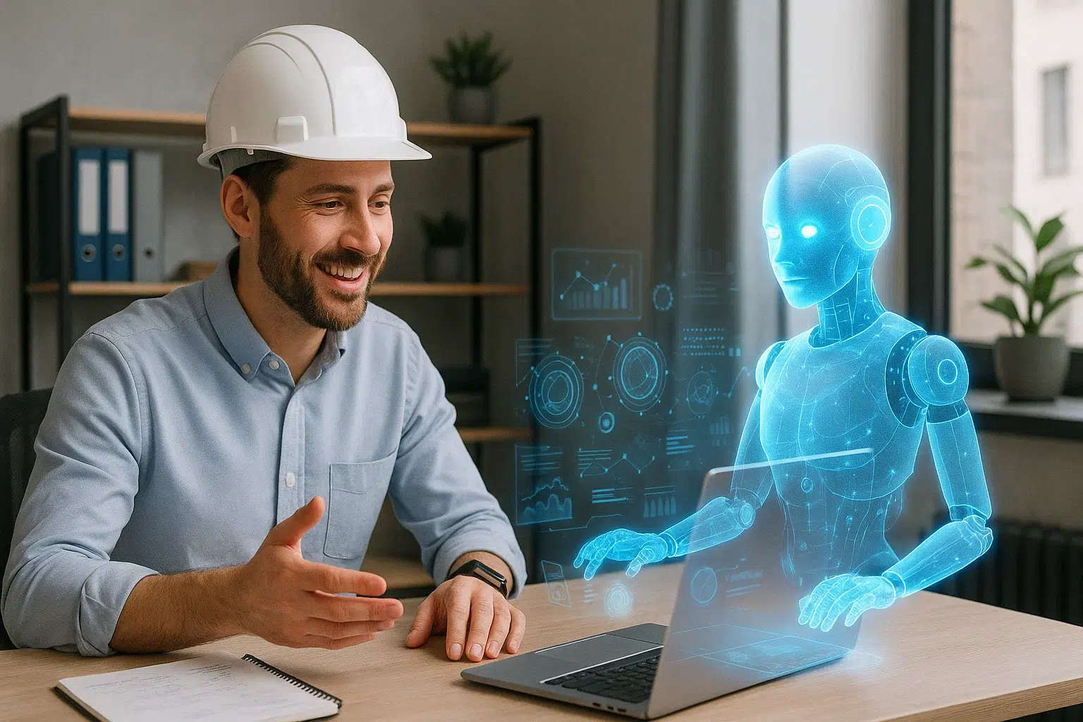 Ein Handwerker arbeitet zusammen mit einem digitalen Prozess in seinem Büro